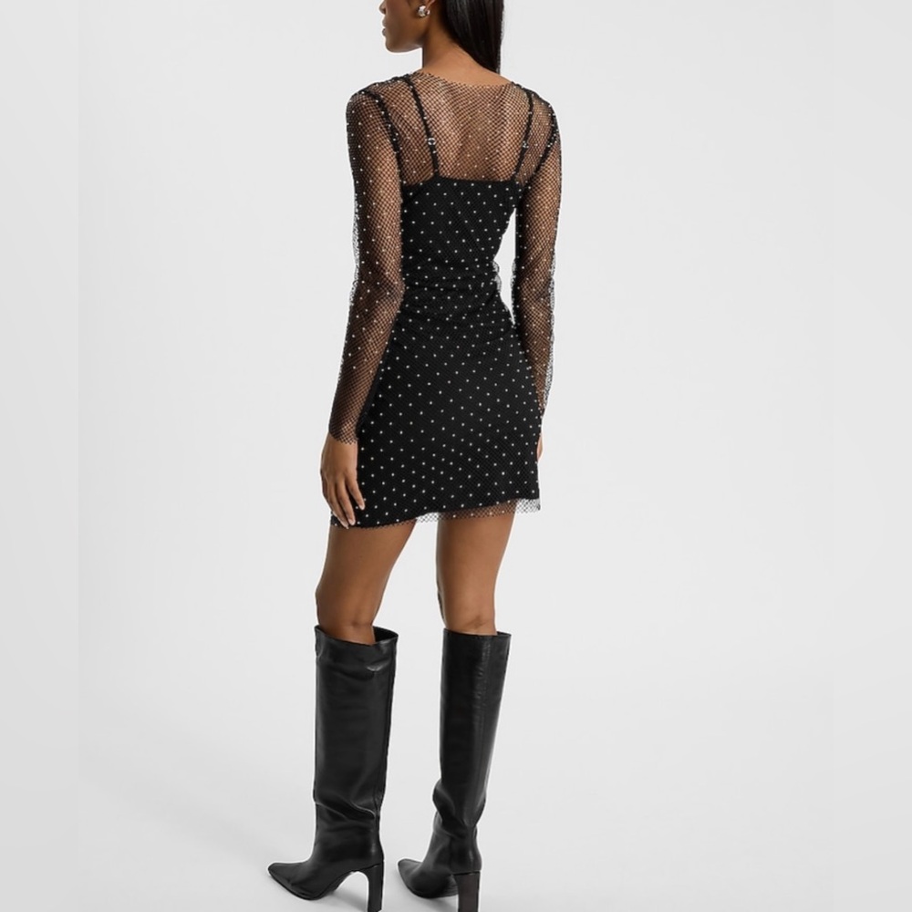 Mesh Rhinestone Long Sleeve Mini Dress - Picture 3 of 4